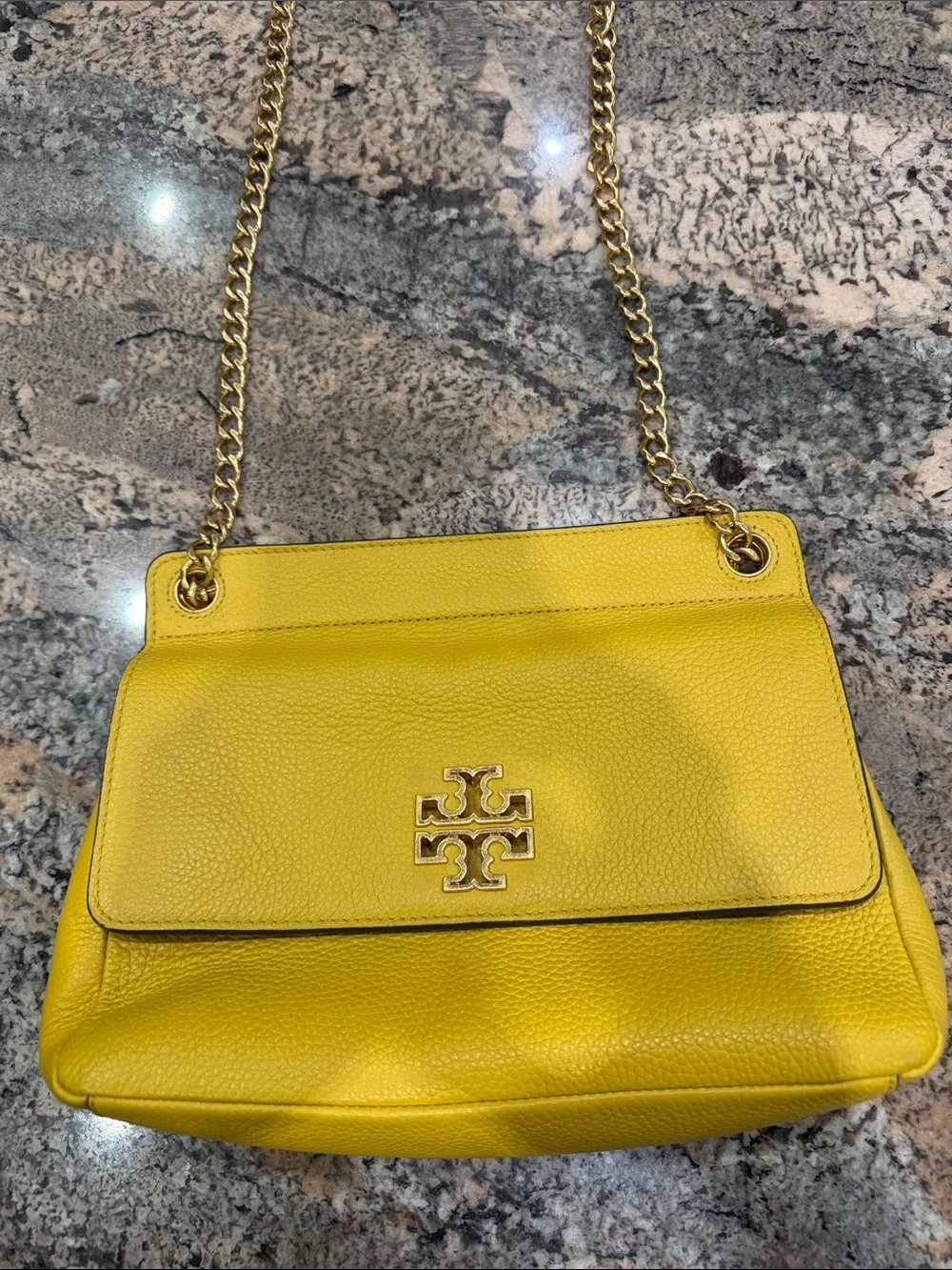 Tory Burch Yellow Pebbled Leather Chain Shoulder Bag with Gold Logo